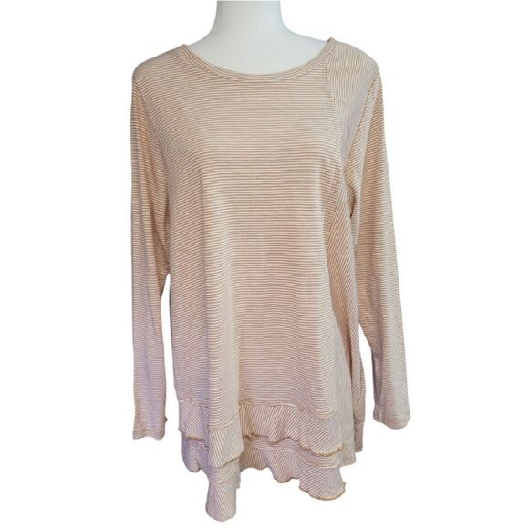 Soft Surroundings Tops - Soft Surroundings Colette Pima Cotton Tan White Knit Lagenlook Hemline Size XL